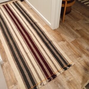 EUC Vintage Turkish Striped Kilim Runner Rug- 2.3 x 6.1 ft, Black/Cream/Red